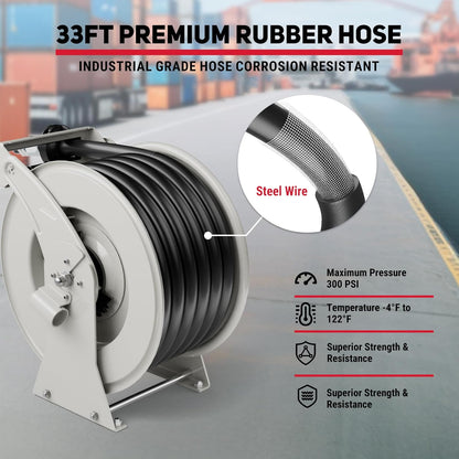 Fuel Hose Reel 1" x 33', 300 PSI Heavy-duty Steel Construction with Refueling Nozzle, Diesel Fuel Reel Used for Aircraft Ship Vehicle Tanker Truck
