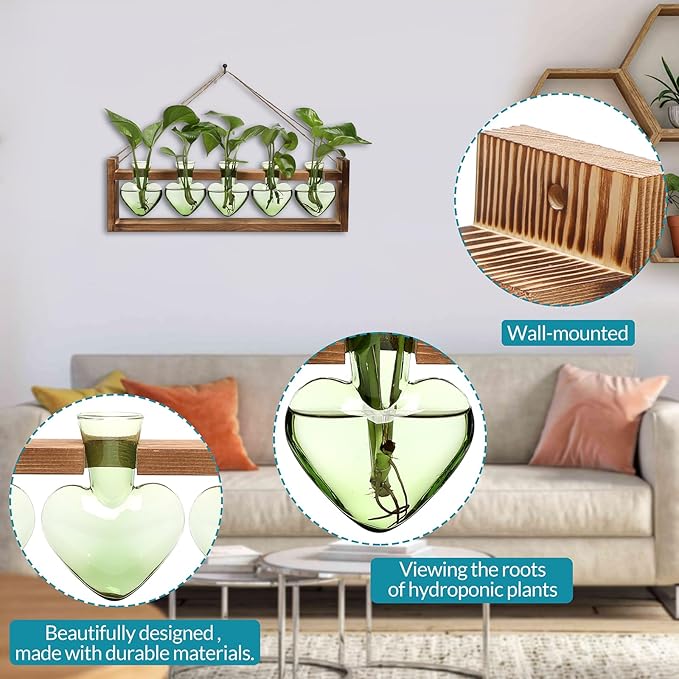 Plant Terrarium Hanging Propagation Stations Gift for Women Air Plants Holder with Wooden Stand Heart Glass