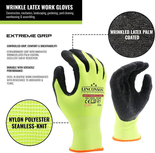 linconson 12 Pack Safety Performance Series Construction Mechanics Wrinkle Latex Work Gloves