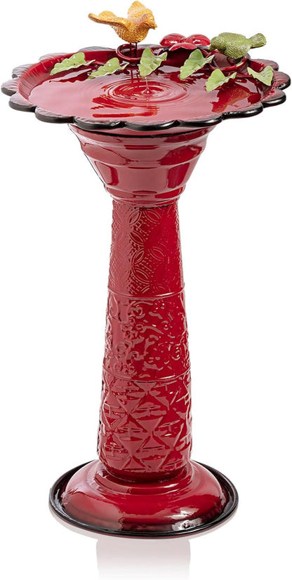 Alpine Corporation - 28" Tall Outdoor Metal Birdbath with Birds and Leaves Yard Statue Decoration, Red – Stunning Garden Accent to Attract Birds - Durable Construction for Patio, Deck, or Yard