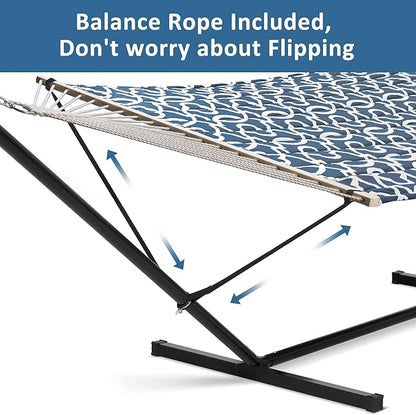 SUNCREAT Two Person Hammock with Stand, 475 lbs Capacity, Portable Patio Hammock with Hardwood Spreader Bar, Large Soft Pillow, Blue Pattern