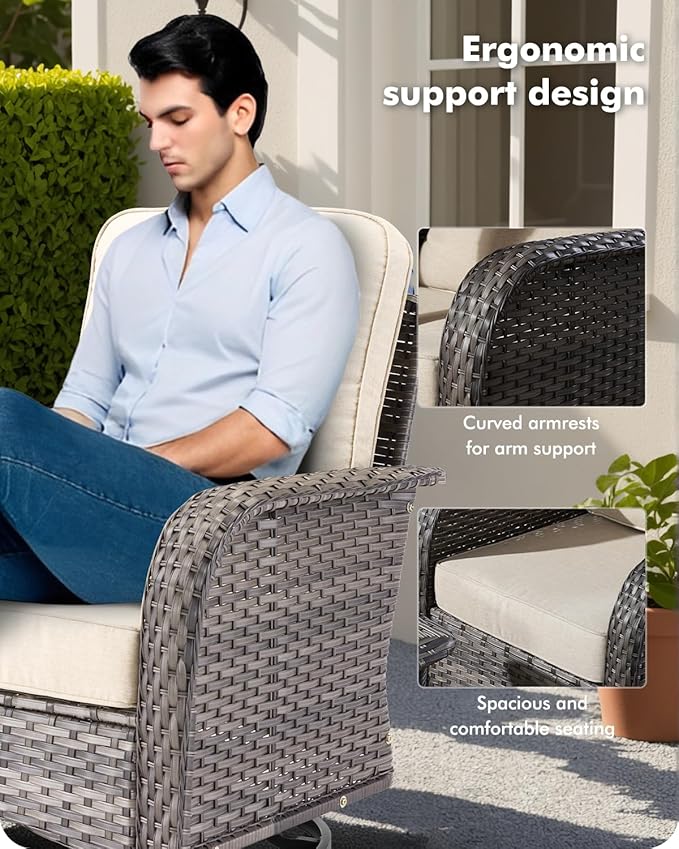 3-Piece Swivel Rocking Rattan Chair Outdoor, Patio Bistro Furniture Conversation Set, Wicker Chair with Coffee Table Beige