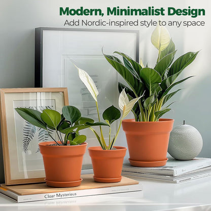 T4U 5 Inch Plant Pot 8-Pack, Plastic Pots with Drainage Hole and Saucer, Decorative Flower Pots Bulk for African Violet, Snake Plant, Succulent and All House Plants Indoor (8pcs 5" Pots)
