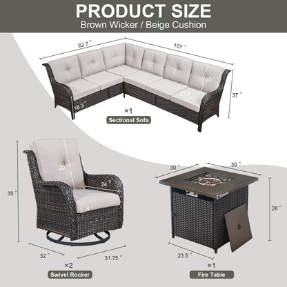Outdoor Sectional Sofa Furniture Set with Propane Fire Pit Table, Wicker Patio Conversation Set with 2 Swivel Glider Rocker Chairs Beige Cushion Perfect for Backyard Casual Gathering