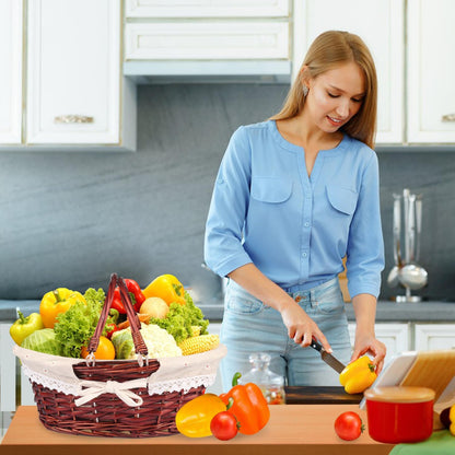 2 Pack Medium Size Wicker Basket with Handle, 12.6x9x4.7 in Wicker Picnic Basket with Liner, Empty Gift Basket, Oval Willow Woven Basket for Fruit, Candy, Wine, Gathering, Wedding, Picnic,by GNIEMCKIN