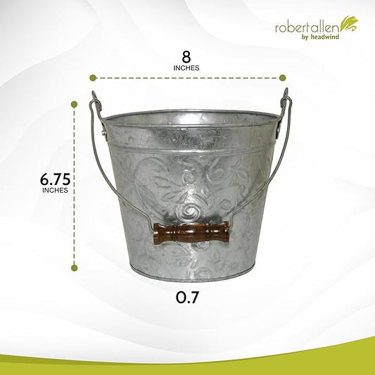 Headwind Vintage Collection - Floral Galvanized Planter with Handles – 8 Inch Medium Flower Pots Decorative Plant Indoor – Plant Pots Indoor with Drainage by Robert Allen