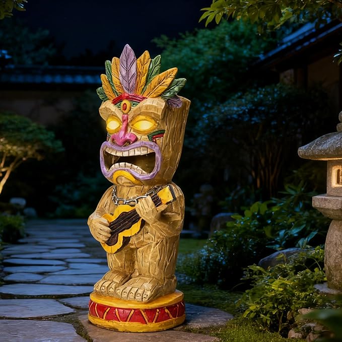 Solar Tiki Garden Statue with LED Eyes Outdoor Resin Ukulele Player Yard Decor Solar Light Hawaiian Style Lawn Ornament for Patio Porch Lawn Tiki Bar or Tiki Lover Funny Gifts Stocking Stuffers