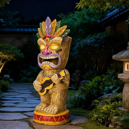 Solar Tiki Garden Statue with LED Eyes Outdoor Resin Ukulele Player Yard Decor Solar Light Hawaiian Style Lawn Ornament for Patio Porch Lawn Tiki Bar or Tiki Lover Funny Gifts Stocking Stuffers