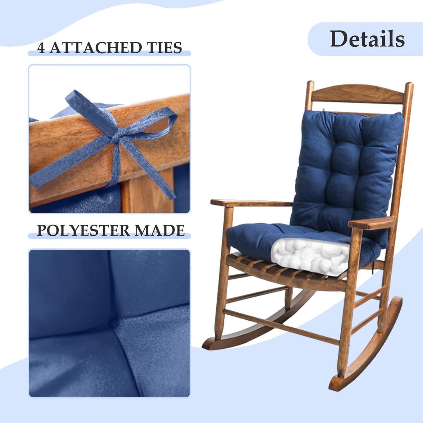 Indoor Outdoor Rocking Chair Cushions Pack of 1, Patio High Back Chair Seat Cushions with Ties for Garden Patio Furniture, Khaki