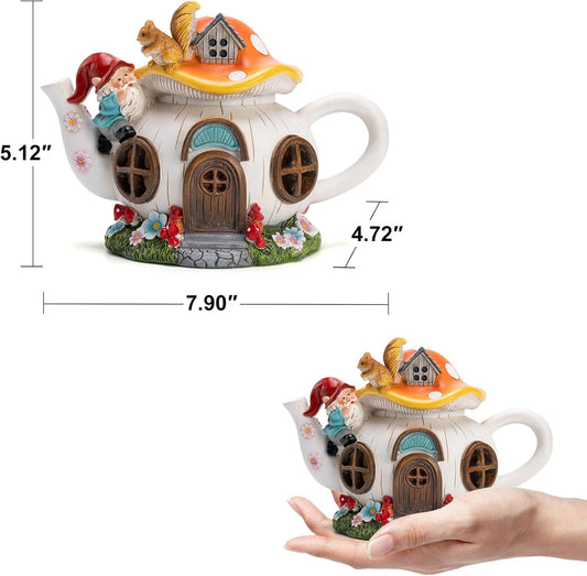 Mushroom Fairy House Garden Decor Solar Light – Outdoor Gnome Statue with Squirrel, Resin Teapot Decorative Figurine for Patio, Lawn, Yard & Balcony, for Women, Mom, and Home