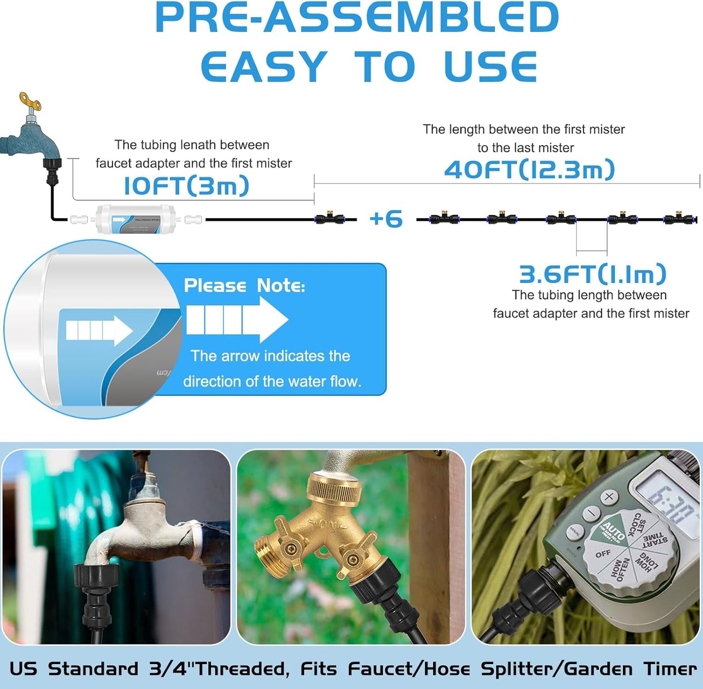 Misting System with Water Filter - Upgraded Signice 50 Ft (15.3M) Line & 12 Brass Mist Nozzles Outdoor Misters for Patio Cooling Mister Systems Kit for Outside Garden Backyard Greenhouse (Black)