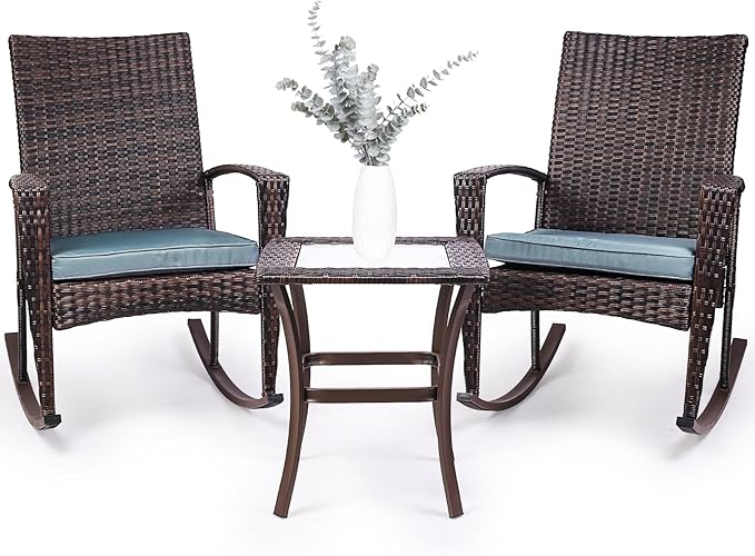 Niubya 3 Piece Wicker Rocking Chair Patio Furniture Sets, Outdoor Wicker Bistro Rattan Chair Conversation Sets with Cushions and Coffee Table, Grey and Brown