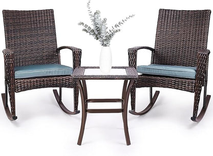 Niubya 3 Piece Wicker Rocking Chair Patio Furniture Sets, Outdoor Wicker Bistro Rattan Chair Conversation Sets with Cushions and Coffee Table, Grey and Brown