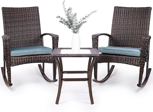 Niubya 3 Piece Wicker Rocking Chair Patio Furniture Sets, Outdoor Wicker Bistro Rattan Chair Conversation Sets with Cushions and Coffee Table, Grey and Brown