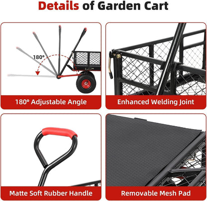 880 Lb 10 Inch Tire Steel Garden Cart with 4-Side Removable Mesh and 180° Swivel Handle, Garden Wagon Cart Heavy Duty, Heavy-Duty Patio Dump Cart Utility Wagon, for Lawn, Patio