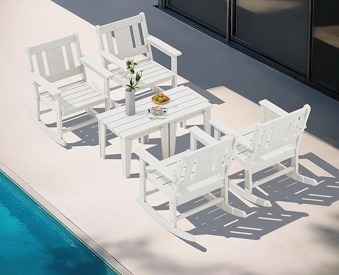 SERWALL Outdoor Rocking Bistro Set, HDPE Patio Furniture Set, Porch Rocking Chair Set with Table for Backyard, Balcony, and Garden- White