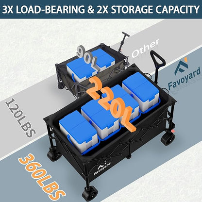 Favoyard Extra Large Collapsible Wagon Carts Foldable 360LBS Heavy Duty Beach Wagons with Big Wheels & Brakes Portable Folding Cart for Shopping Grocery Utility Sports Garden Camping Outdoor, Black