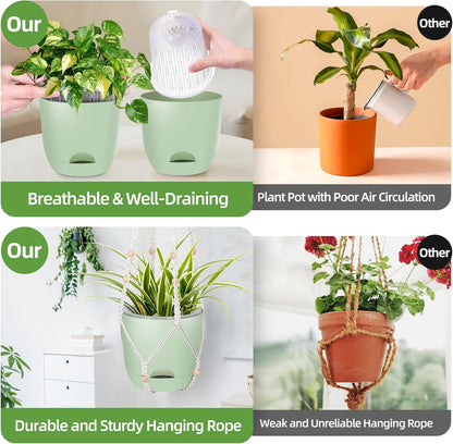 2-Pack 7..1-Inch Self-Watering Hanging Planters for Indoor & Outdoor Plants,34Inch Macrame Hanger Plant Pots Indoor with Drainage,Small Hanging Planters & Baskets,With Two Sets of Hooks（Pure green）