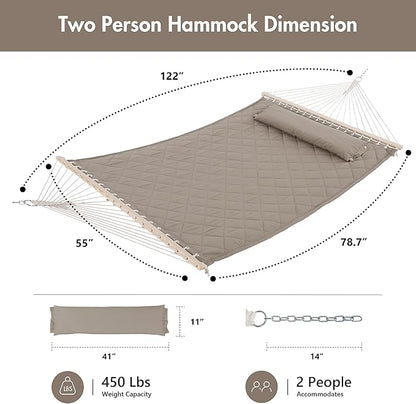 ANOW Double Hammock with Spreader Bars and Detachable Pillow, 2 Person Hammock for Outside, 450 LBS Weight Capacity, Light Brown