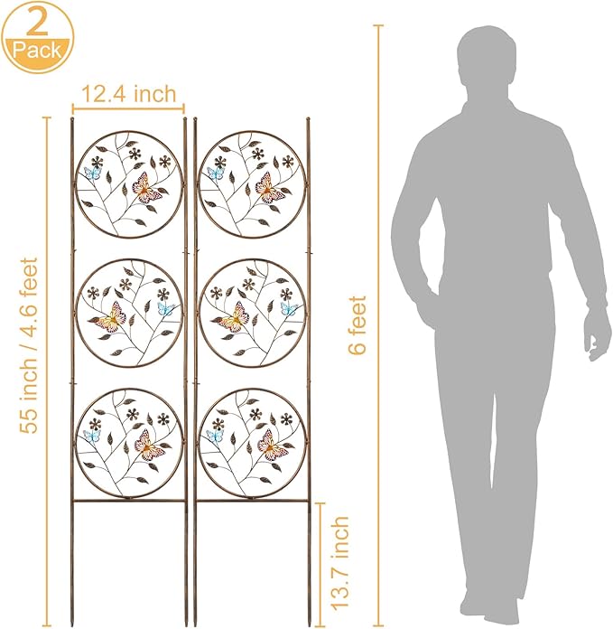 SUNNYPARK Set of 2 Butterfly Metal Garden Trellis for Climbing Plants, Decorative Vegetables Flowers Vine Trellis for Outdoor Patio 55'' H x 12.4'' W
