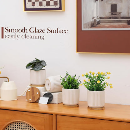 OMAYKEY 4 Inch Ceramic Plant Pot with Saucer, Creative Stripe Small Planters Pots with Drainage Hole and Mesh Pads for Succulent, Cactus, Herbs, White - Set of 4