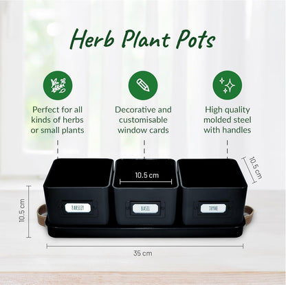 Herb Planter Indoor - Set of 3 Black Indoor Herb Garden Pots for Plants with Leather Handled Tray - Window Sill Plant Shelf - Pots with Drainage Holes and Labels