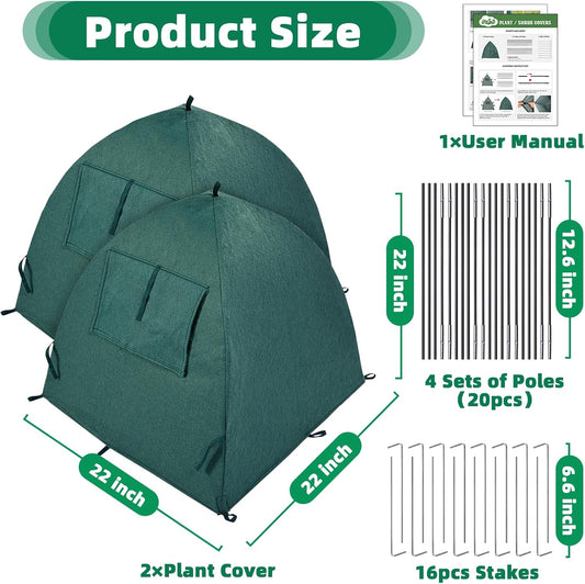 2 Packs Plant Cover Freeze Protection Blanket, 22''x22''x22'' Outdoor Garden Fabric Cover with Poles and Stakes for Winter Frost, Shade Cloth Plant Guard for Shrubs, Small Trees, Green