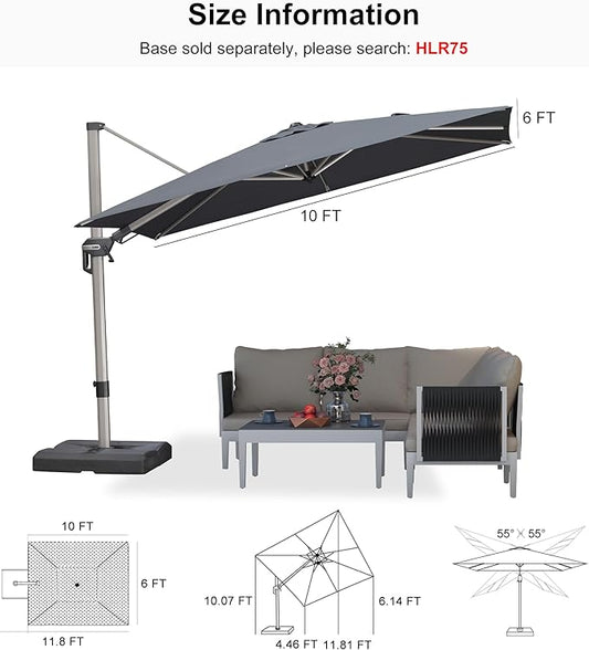 PURPLE LEAF 10' X 6.5' Left-right Tilting Patio Umbrella Outdoor Swivel Cantilever Umbrella Aluminum Offset Umbrella with Champagne Frame and 360-degree Rotation for Garden Deck Pool, Grey