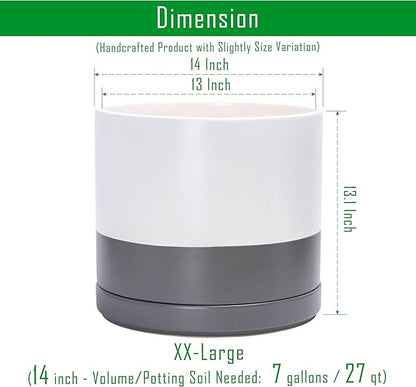 D'vine Dev 14 Inch Ceramic Planter Pot with Drainage Hole and Saucer, Indoor Cylinder Round Planter Pot, White/Speckled Grey, 94-O-G-6