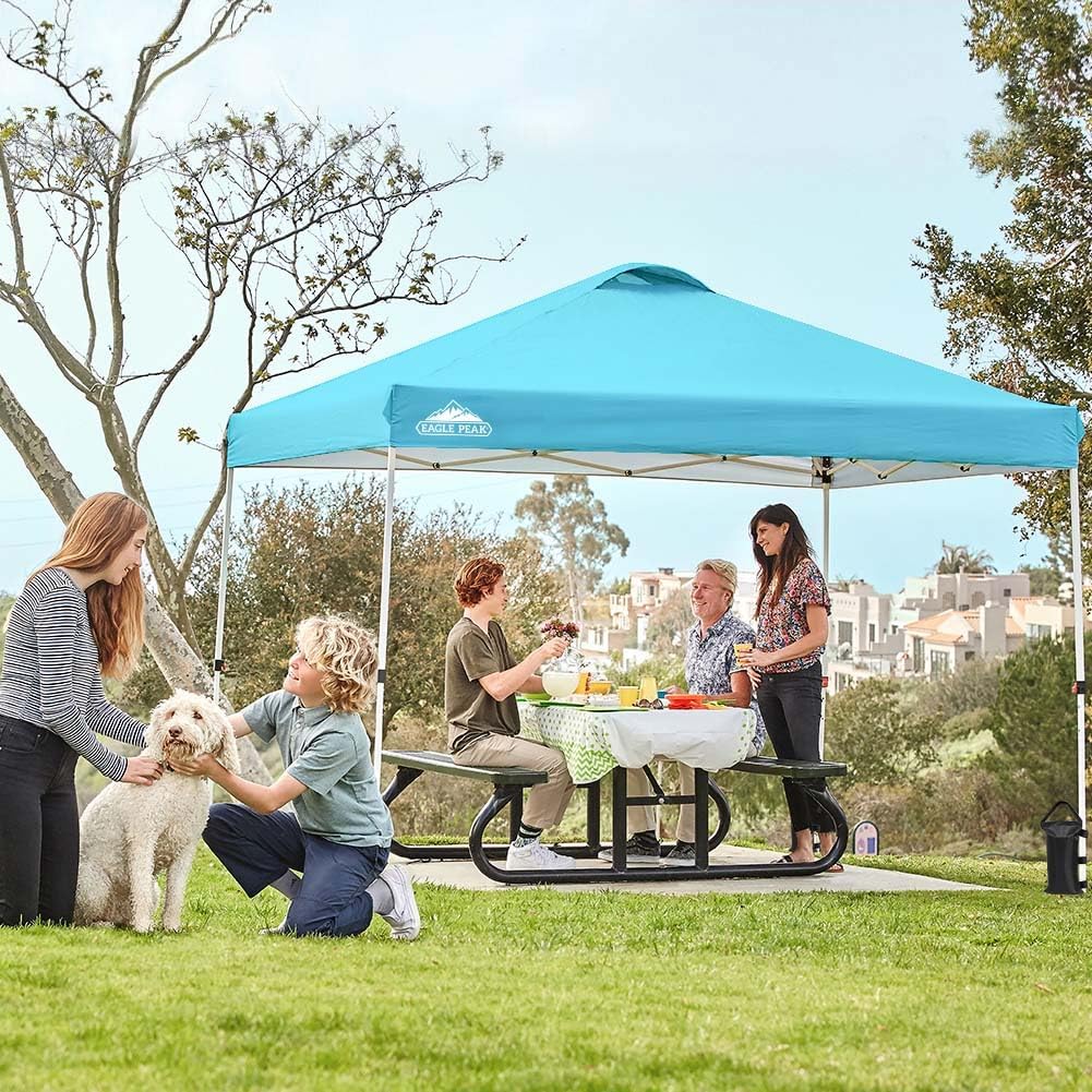 EAGLE PEAK Pop Up Canopy Tent with Wheeled Carry Bag, 8 Stakes, 4 Ropes, 4 Weight Bags, Easy Set Up Tent Canopy, 10x10 ft, 100sqft of Shade, Light Blue