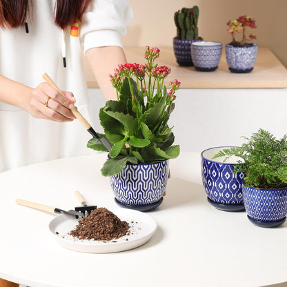 Selamica Ceramic Plant Pots, 4.6 Inch Flower Pots for Indoor Plants, Succulent Pots with Drainage Hole & Saucer, Succulent Planters for Succulent Cactus, Home Decor, Set of 4, Vintage Blue