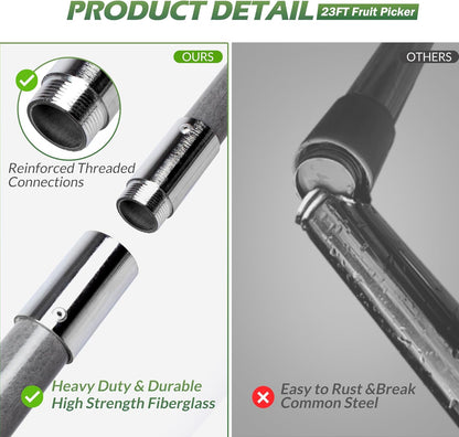 Walensee 23FT Fruit Picker, Adjustable Fruits Picker Tool with Fiberglass Pole, Big Basket and Storage Bag, Fruit Catcher Equipment Tree Picker for Lemons Apples Mango Orange Avocados Fruit Picking