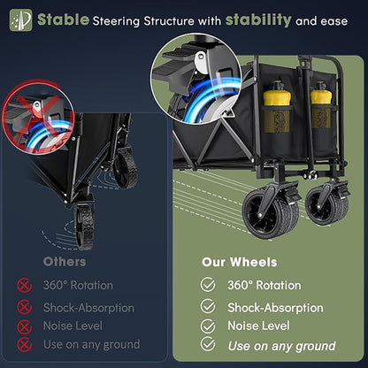 350L Large Capacity Foldable Wagon with Brakes, 560lbs Heavy Duty Collapsible Wagon Cart with Push Handle All-Terrain Big Wheels for Camping, Sports, Shopping, Beach