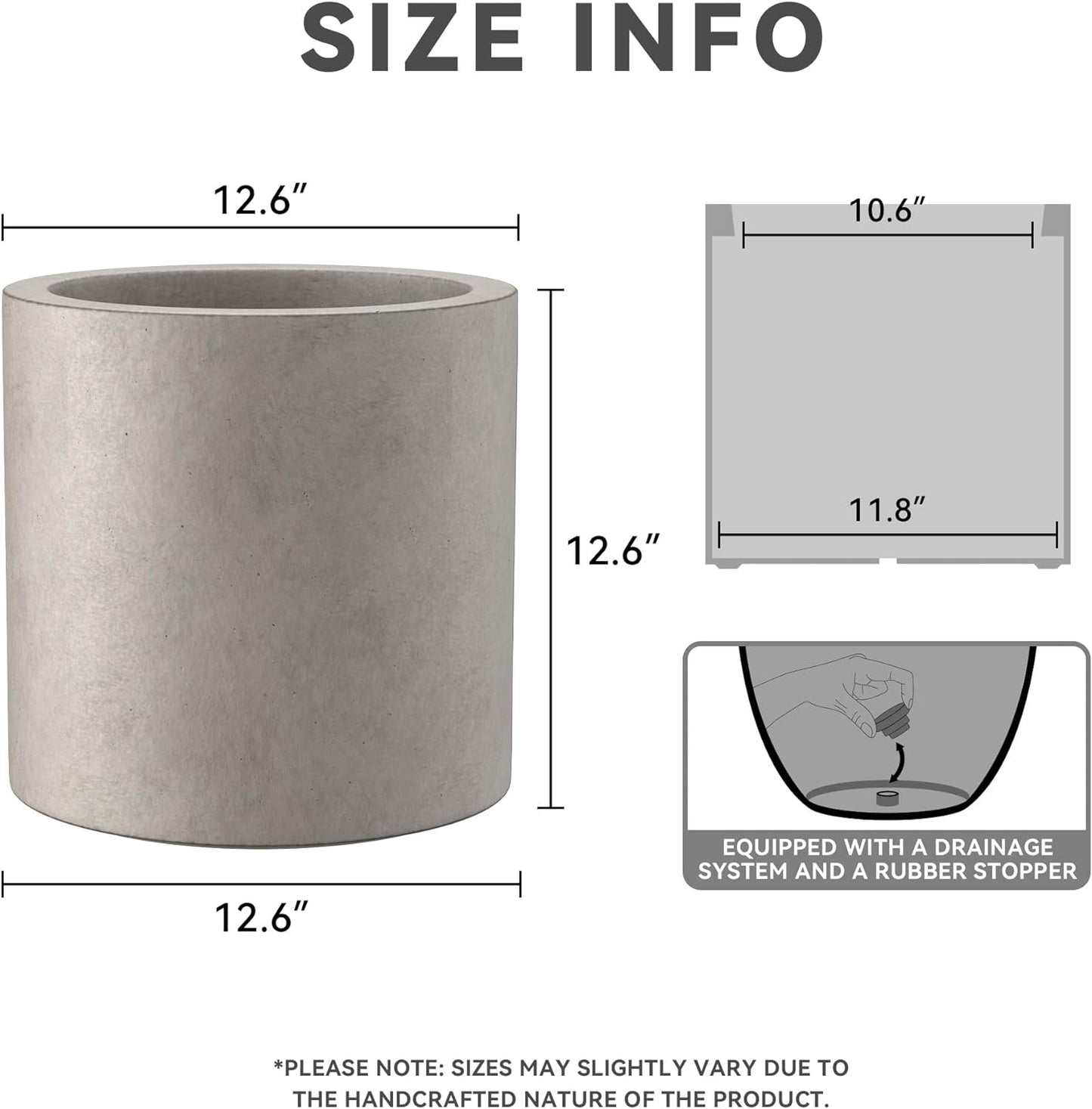 Kante 12.6" Dia Round Concrete Planter, Modern Style Large Cylindrical Plant Pot with Drainage Hole and Rubber Plug for Indoor Outdoor Patio, Weathered Concrete