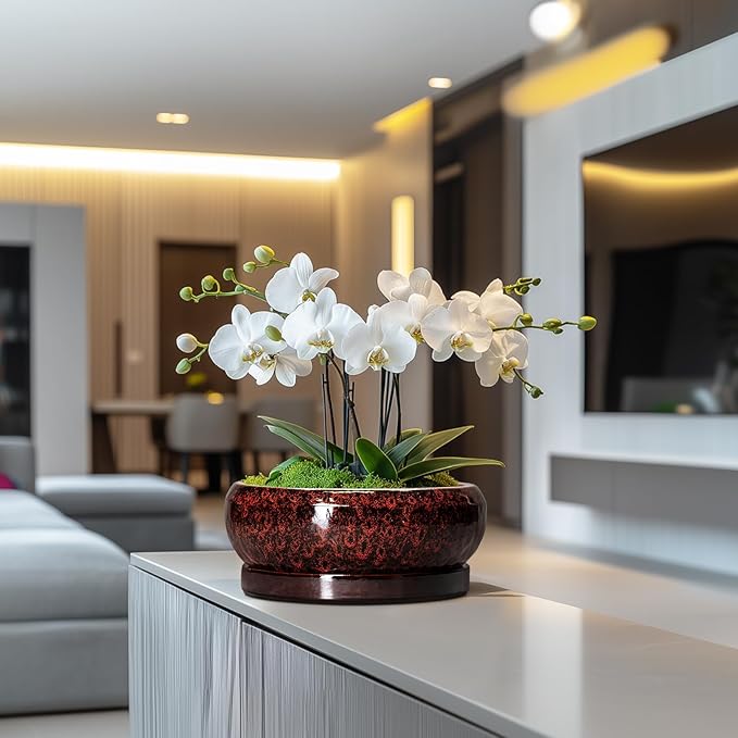 Bonsai Tree Pots - 10 Inch Ceramic Succulent Planters for Indoor Outdoor, Bonsai Pots with Drainage Hole and Saucer, Shallow Round Planter, Planter Bowl, Patio Decor, Gifts for Women, Red