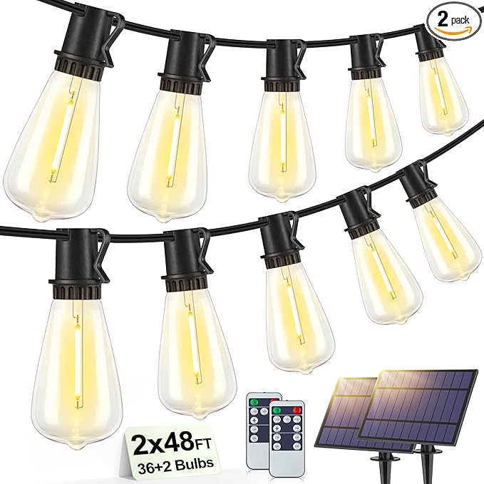96FT(2x48FT) Solar Outdoor String Lights with Remote & Timer, Dimmable Patio Lights with 36+2 Shatterproof ST38 LED Bulbs for Outside-Black