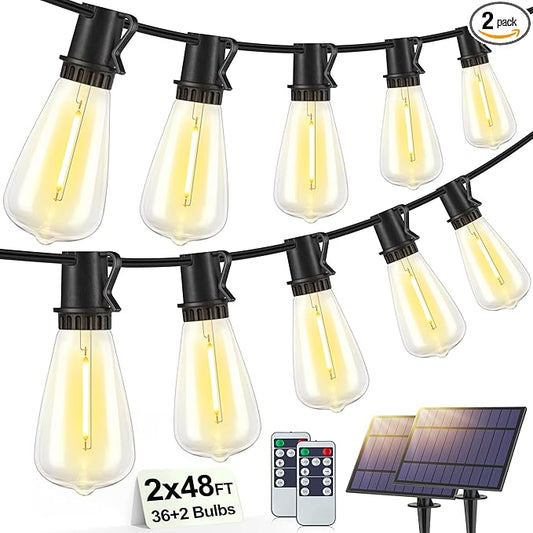 96FT(2x48FT) Solar Outdoor String Lights with Remote & Timer, Dimmable Patio Lights with 36+2 Shatterproof ST38 LED Bulbs for Outside-Black