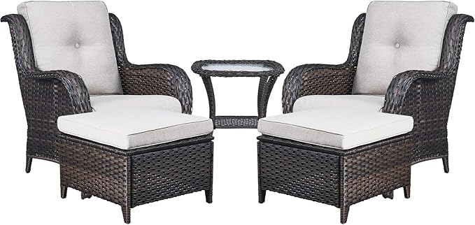 Rilyson Wicker Patio Furniture Set - 5 Piece Rattan Outdoor Sectional Conversation Sets with 2 Chairs,2 Ottomans and 1 Side Table for Porch Deck Garden(Brown/Beige)