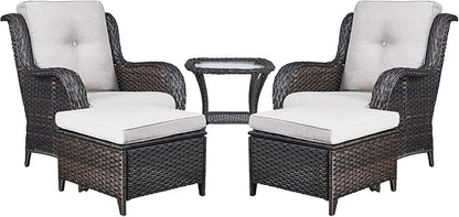 Rilyson Wicker Patio Furniture Set - 5 Piece Rattan Outdoor Sectional Conversation Sets with 2 Chairs,2 Ottomans and 1 Side Table for Porch Deck Garden(Brown/Beige)