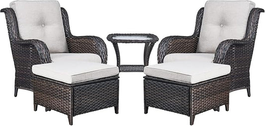 Rilyson Wicker Patio Furniture Set - 5 Piece Rattan Outdoor Sectional Conversation Sets with 2 Chairs,2 Ottomans and 1 Side Table for Porch Deck Garden(Brown/Beige)