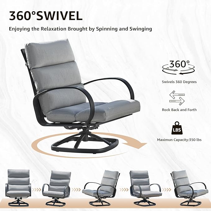 NATURAL EXPRESSIONS Patio Bistro Set, 3 Piece Outdoor Swivel Glider Rocking Chairs, Conversation Furniture with 2 Highback Rockers, 1 Table and 5" Cushion for Backyard,Porch,Yard,350lb. (Grey)