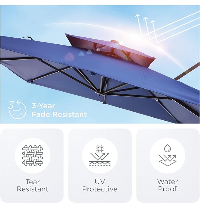 9' X 12' Cantilever Patio Umbrella with Base Included 360°Rotation Rectangular Outdoor Large Offset Umbrellas Double Top Heavy Duty Windproof for Garden Deck Pool, Navy