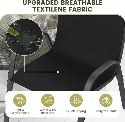 UDPATIO Patio Dining Set of 7, Outdoor Table and Chairs Set with Square Metal Table, 6 Stackable Patio Chairs with High Back, Outdoor Furniture for Deck Garden Backyard Lawn Poolside (Black)