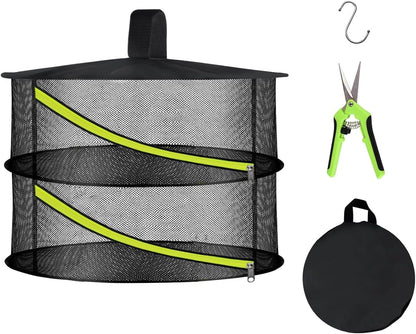 2 Layer Herb Drying Rack, Hanging Mesh Net, Foldable Plant Drying Rack with Diagonal Zipper, Garden Trimming Shears and Hooks, for Drying Herbs Plants, Fruits, Seafood, Clothing(2 Layers-23.62'')