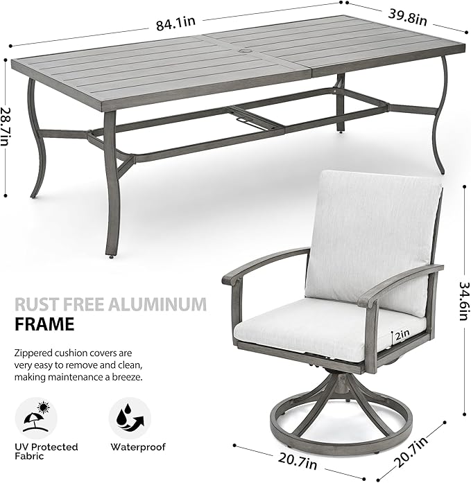 HAPPATIO Aluminum 9 Piece Patio Dining Set, Outdoor Swivel Dining Chairs and Dining Table, Aluminum Outdoor Dining Set for 8, Patio Dining Furniture with Washable Cushions (Gray)