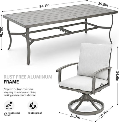 HAPPATIO Aluminum 9 Piece Patio Dining Set, Outdoor Swivel Dining Chairs and Dining Table, Aluminum Outdoor Dining Set for 8, Patio Dining Furniture with Washable Cushions (Gray)