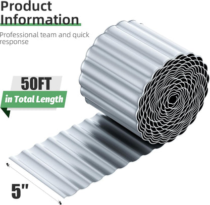 Corrugated Metal Garden Edging, 5''×50Ft Steel Landscape Edging Border, Flower Bed Edging Borders, Metal Lawn Edging for Landscaping, Garden, Pathway, Lawn, Flower Bed, Garden Fence (Silver)