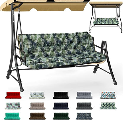 Swing Replacement Cushions with Backrest, 2 or 3 Seater Waterproof Non-Slip Overstuffed Swing Pad, Indoor/Outdoor Bench Cushion for Porch Chair Swing Garden Furniture (Leaves, 40 * 70.8 in)