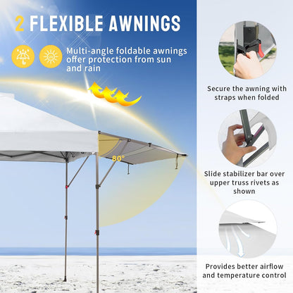 CROWN SHADES 10x10 Pop up Canopy Tent Patended Centerlock Instant Commercial Canopy with 150D Silver Coated Fabric Including 2 Extend Awnings, 4 Ropes, 8 Stakes, 4 Weight Bags, STO 'N Go Bag, White