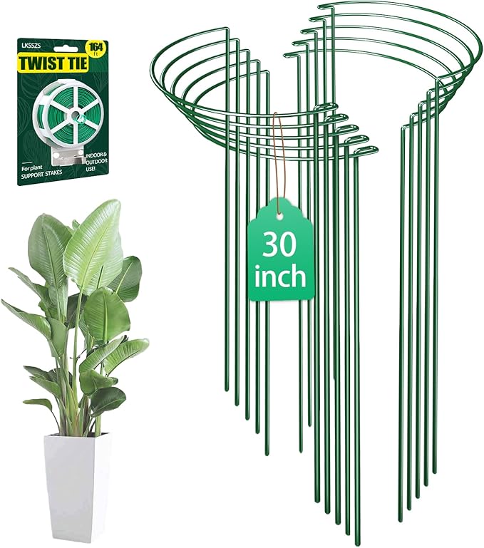 10 Pack 30 Inch Plant Support Stakes, Heavy-Duty Half Round Peony Support Ring Cage, Metal Garden Plant Stakes for Outdoor Plants - Peony, Tomato, Hydrangea with Cuttable Plant Ties